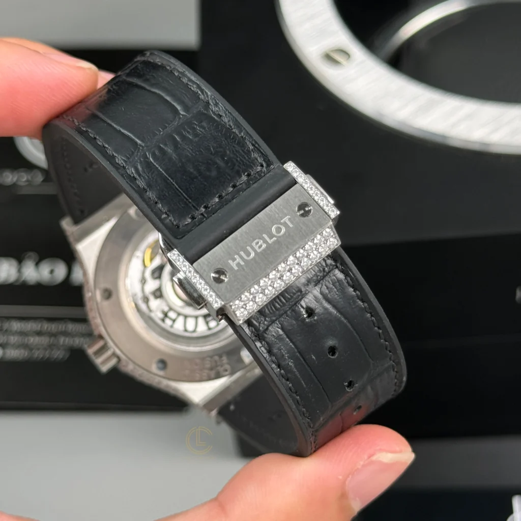 Super Clone Hublot Classic Fusion SKULL Full Diamonds Moissanite Pave 42mm Black Dial – Handcrafted Diamod — on leather display