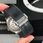 Super Clone Hublot Classic Fusion SKULL Full Diamonds Moissanite Pave 42mm Black Dial – Handcrafted Diamod — on leather display