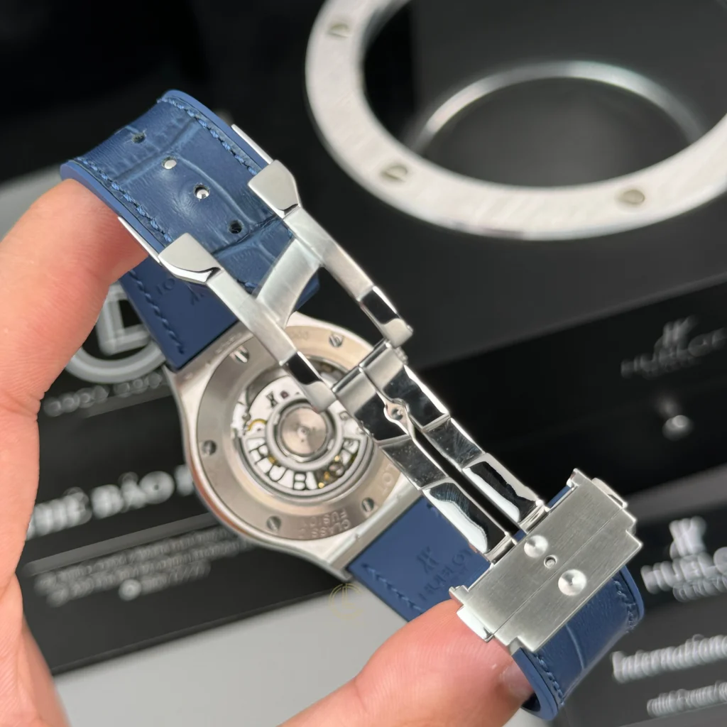 Super Clone Hublot Classic Fusion Titanium 38mm Blue Dial Unisex Size — on leather display