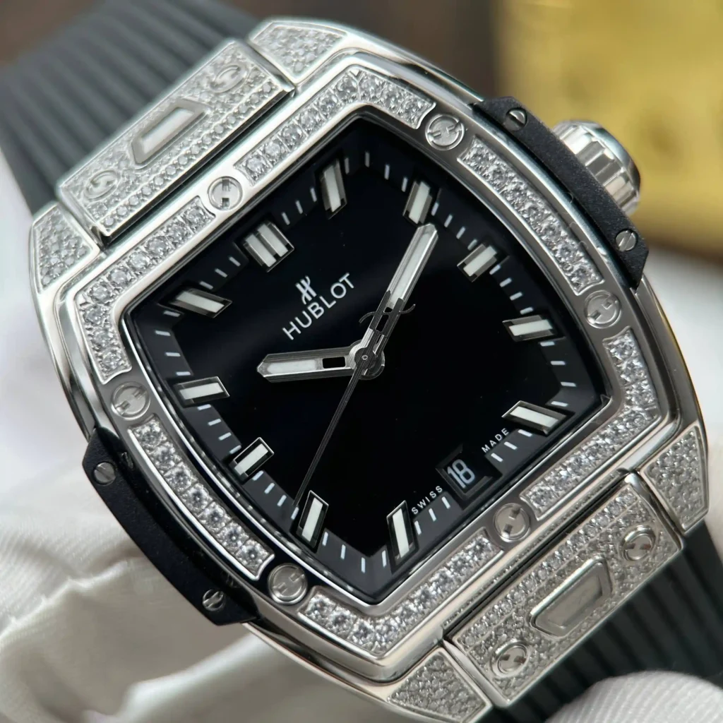 Super Clone Hublot Spirit Of Big Bang Black Titanium Pavé 665.NX.1170.LR.1604 – — on leather display