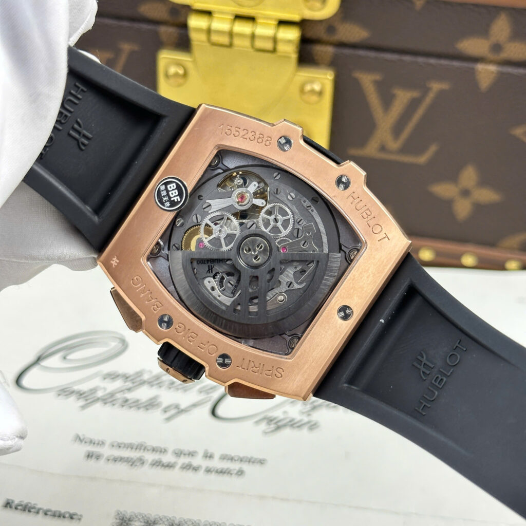 Super Clone Hublot Spirit Of Big Bang King Gold Ceramic 642.OM.0180.RX 42mm — on leather display