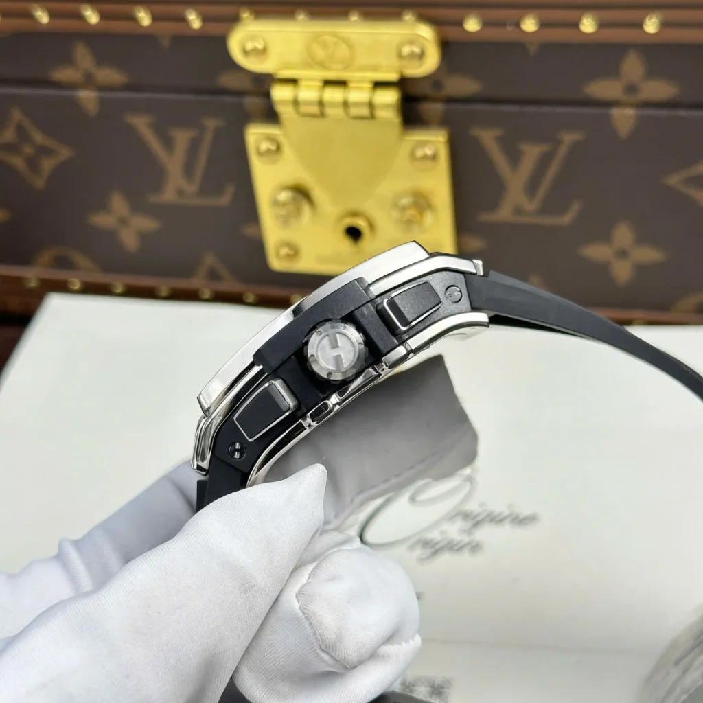 Super Clone Hublot Big Bang 42mm Rubber Strap Titanium — on leather display