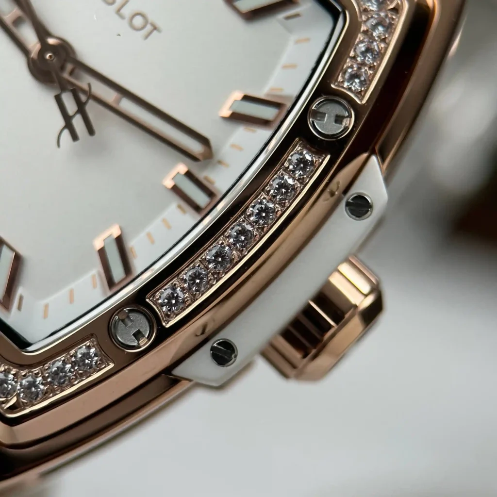 Super Clone Hublot Spirit Of Big Bang Titanium White Diamonds 665.OE.2080.RW.1204 — on leather display