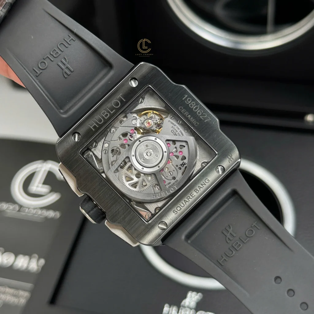 Super Clone Hublot Square Bang Unico 821.CI.0170.RX 821CI0170RX 42mm Black Dial Ceramic — on leather display