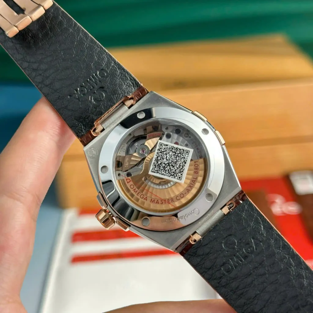 Super Clone Omega 39mm Steel — on leather display