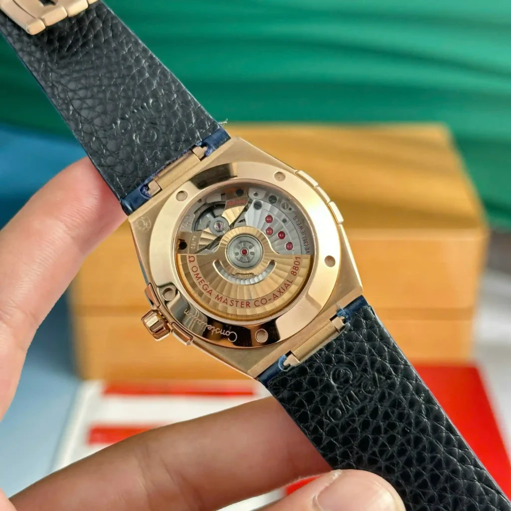 Super Clone Omega 39mm Steel — on leather display