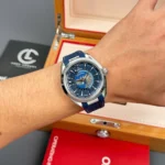 Super Clone Omega Seamaster Aqua Terra Worldtimer 43mm Blue Dial — on leather display