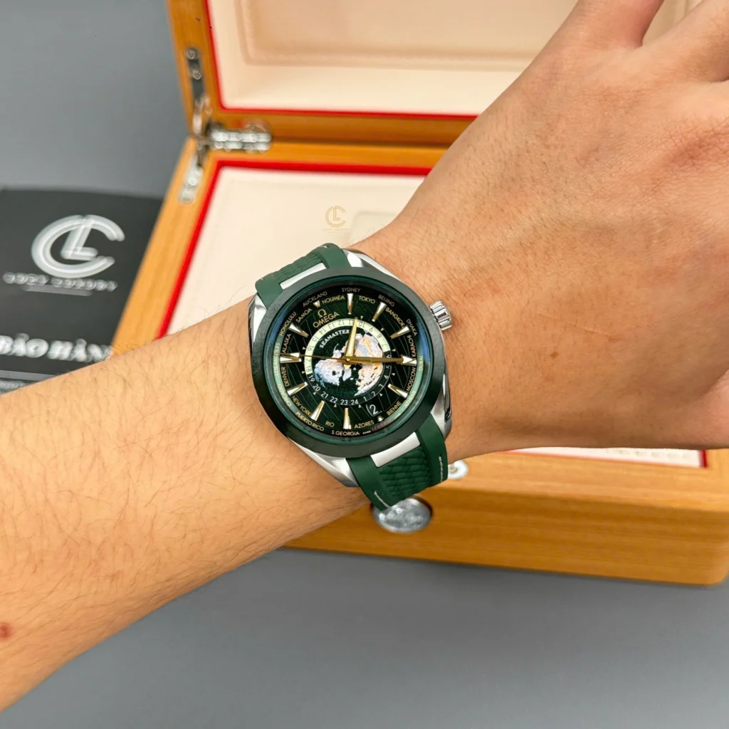 Super Clone Omega Seamaster Aqua Terra Worldtimer 43mm Green Dial — on leather display