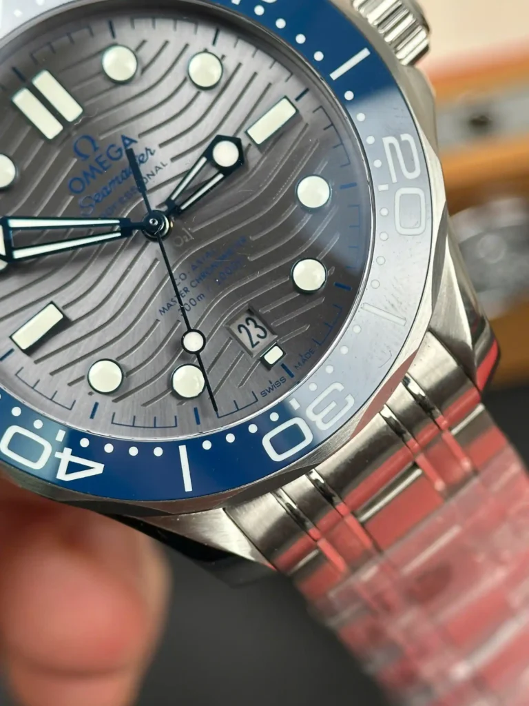 Super Clone Omega 42mm Steel — on leather display