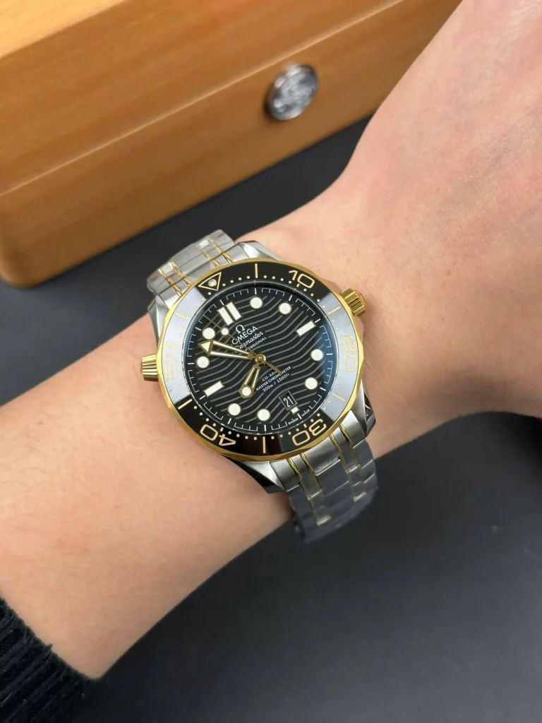 Super Clone Omega 42mm Steel — on leather display