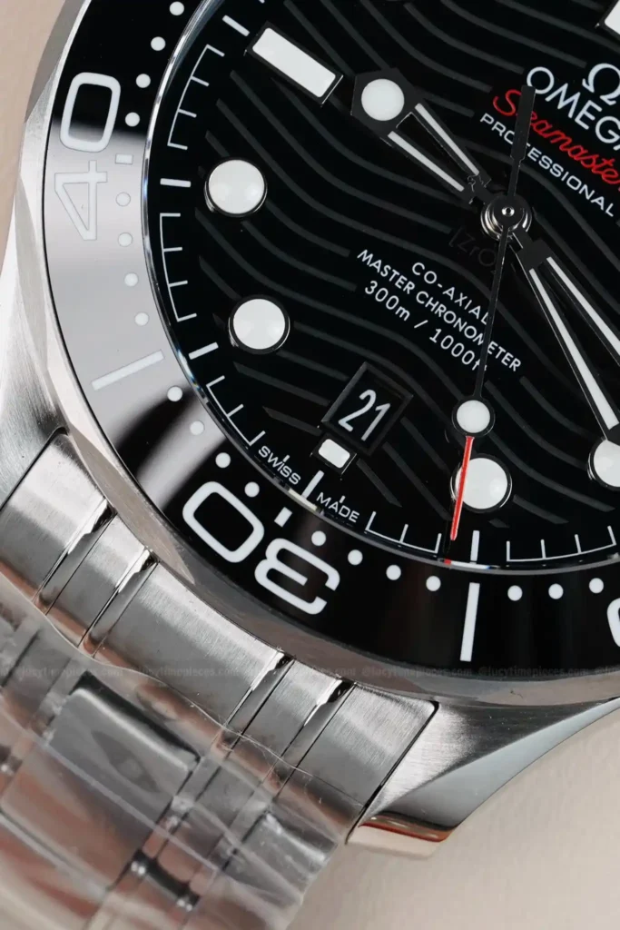 Super Clone Omega Seamaster Diver 300M Co‑Axial Master Chronometer 210.30.42.20.01.001 42mm Black Dial — on leather display