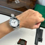 Super Clone Omega 42mm Steel — on leather display