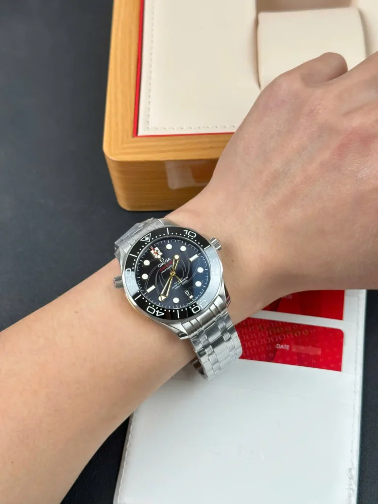 Super Clone Omega 42mm Steel — on leather display