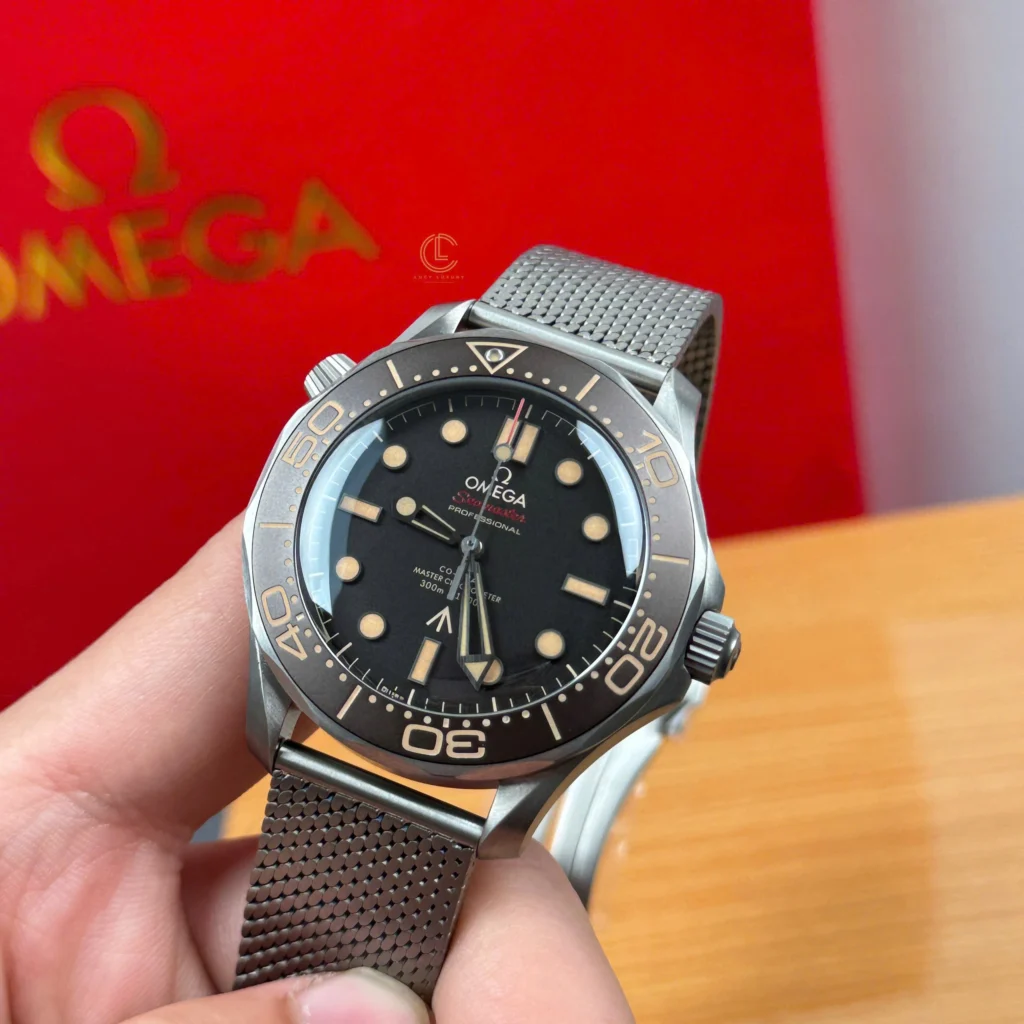 Super Clone Omega Seamaster Diver “James Bond 007 Edition” 42mm Black Dial Titanium — on leather display