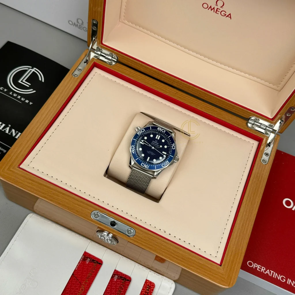 Super Clone Omega Seamaster Diver James Bond 60th Anniversary 210.30.42.20.03.002 42mm Blue Dial Steel — on leather display
