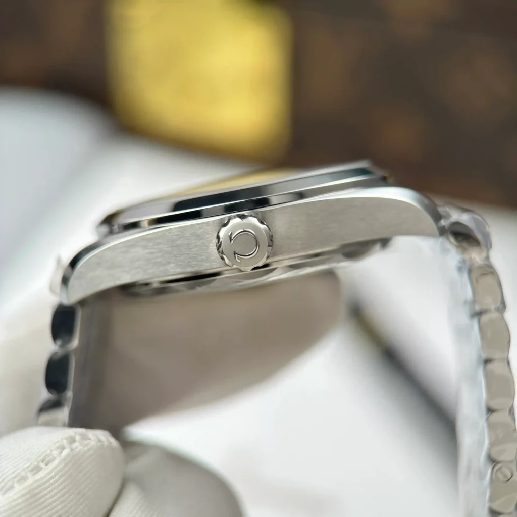 Super Clone Omega 38mm Steel — on leather display