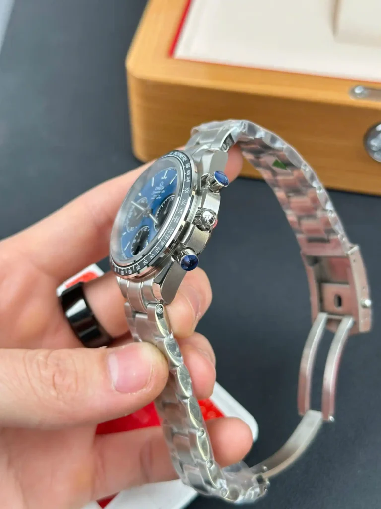 Super Clone Omega 40mm Steel — on leather display