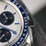 Super Clone Omega Speedmaster 50th Anniversary Co-Axial Chronometer Chronograph 310.32.42.50.02.001 42mm “Silver Snoopy Award” — on leather display