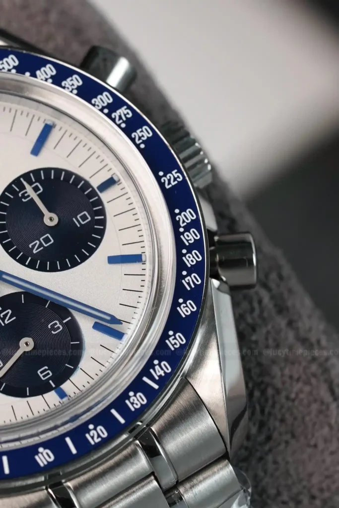 Super Clone Omega Speedmaster 50th Anniversary Co-Axial Chronometer Chronograph 310.32.42.50.02.001 42mm “Silver Snoopy Award” — on leather display
