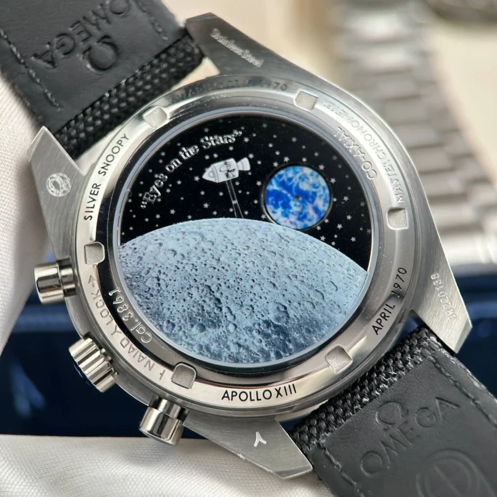 Super Clone Omega Speedmaster Apollo 13 Silver Snoopy 311.32.42.30.04.003 42mm — movement / caseback view