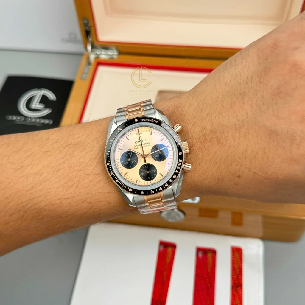 Super Clone Omega Speedmaster Moonwatch Professional 310.20.42.50.99.001 42mm Demi Rose Gold — side profile