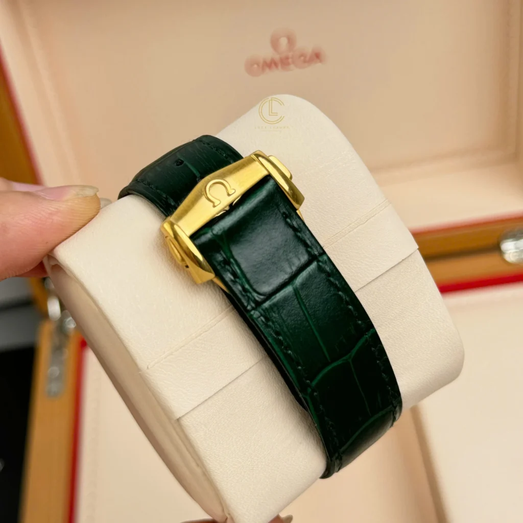 Super Clone Omega Speedmaster Moonwatch Professional 42mm 310.63.42.50.10.001 Green Dial Yellow Gold — on leather display