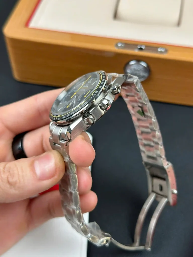 Super Clone Omega 40mm Steel — on leather display