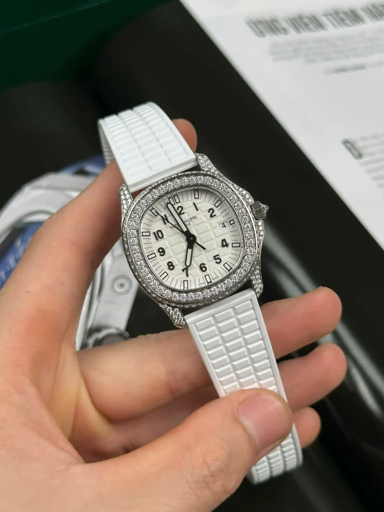 Super Clone Patek Philippe Aquanaut 5067A-011 White full moissanite 35mm – Handcrafted Diamod — dial close-up