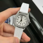 Super Clone Patek Philippe Aquanaut 5067A-011 White full moissanite 35mm – Handcrafted Diamod — on leather display