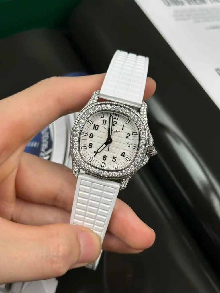 Super Clone Patek Philippe Aquanaut 5067A-011 White full moissanite 35mm – Handcrafted Diamod — on leather display