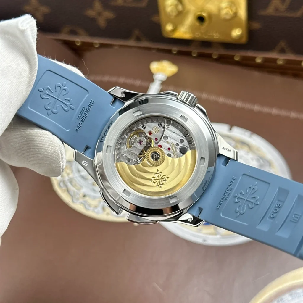 Super Clone Patek Philippe Aquanaut 40mm Rubber Strap Steel — on leather display