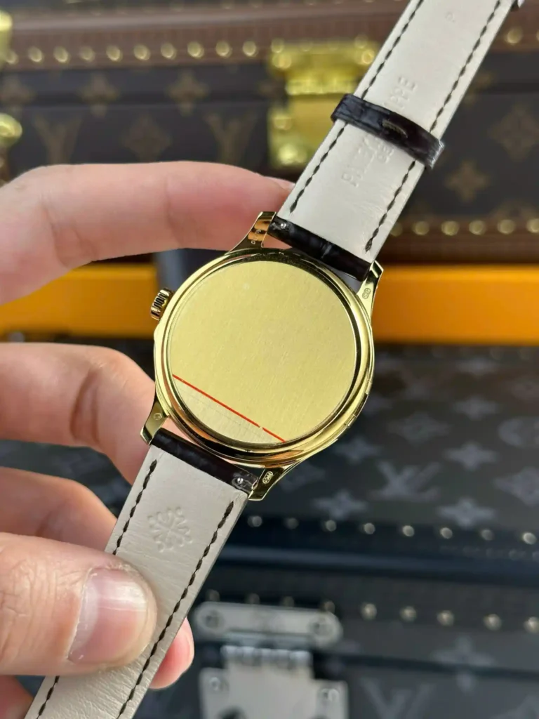 Super Clone Patek Philippe Calatrava 5227J-001 Yellow Gold Date Sweep Seconds 39mm – — on leather display