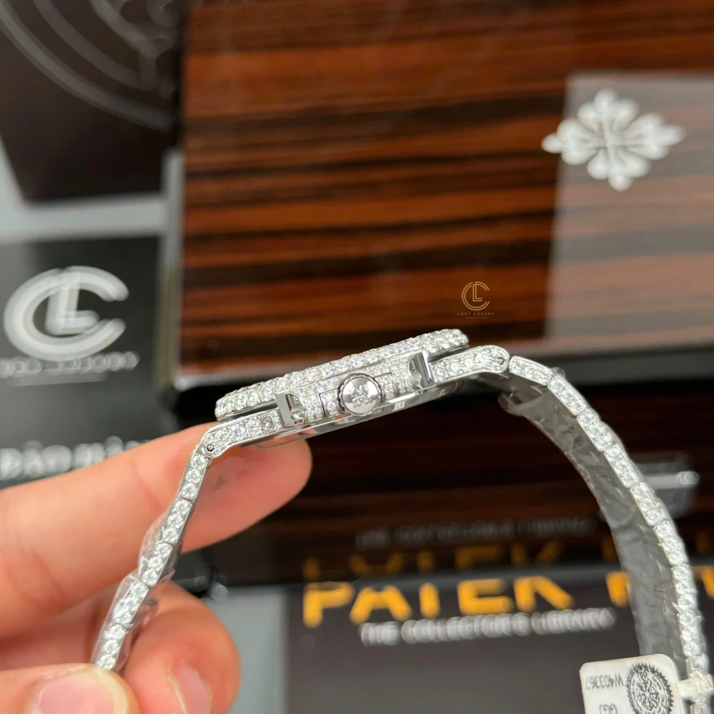 Super Clone Patek Philippe Nautilus 5712/1A 40mm Blue Dial Full Moissanite Hongkong – Customize Diamod — on leather display