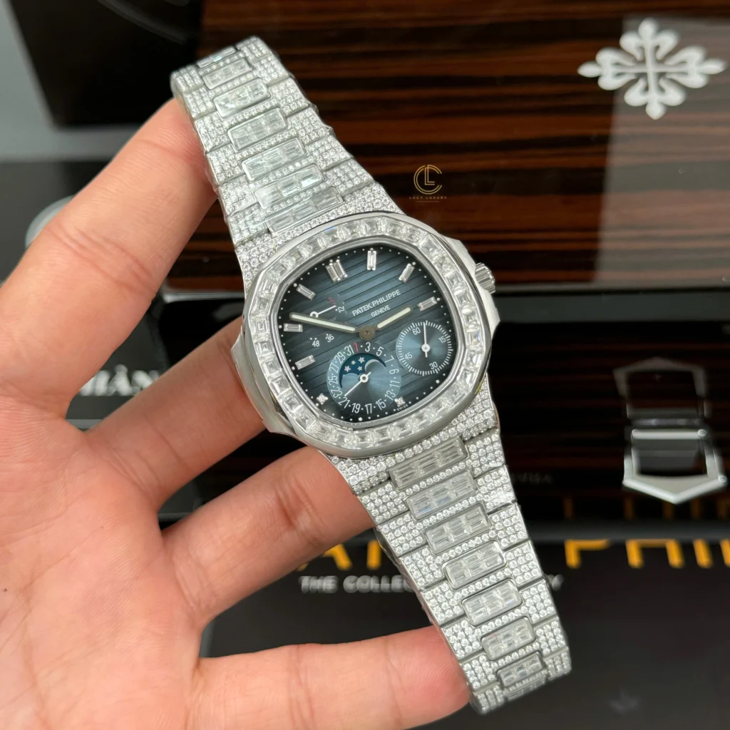 Super Clone Patek Philippe Nautilus 5712/1A 40mm Custom Full Moissanite Baguette HongKong – Customize Diamod — dial close-up
