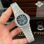 Super Clone Patek Philippe Nautilus 5712/1A 40mm Custom Full Moissanite Baguette HongKong – Customize Diamod — dial close-up