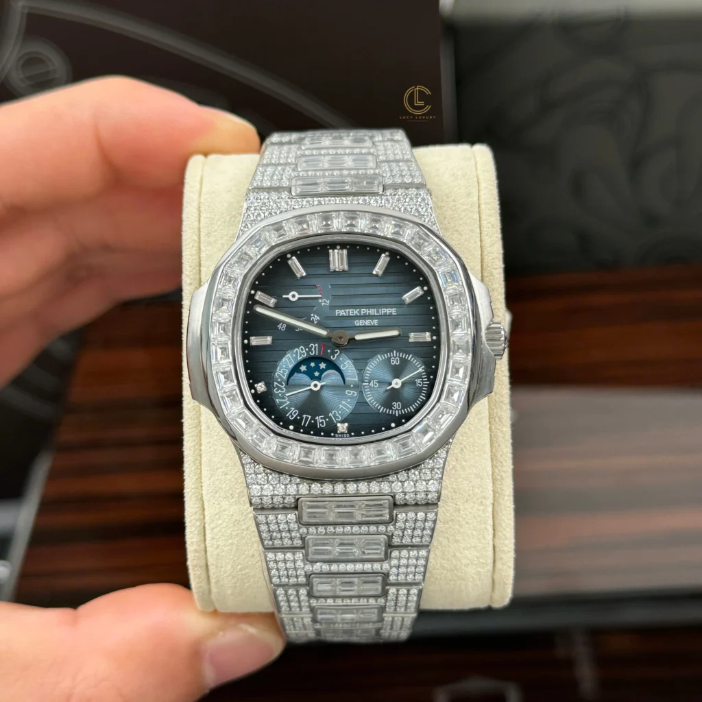Super Clone Patek Philippe Nautilus 5712/1A 40mm Custom Full Moissanite Baguette HongKong – Customize Diamod — side profile