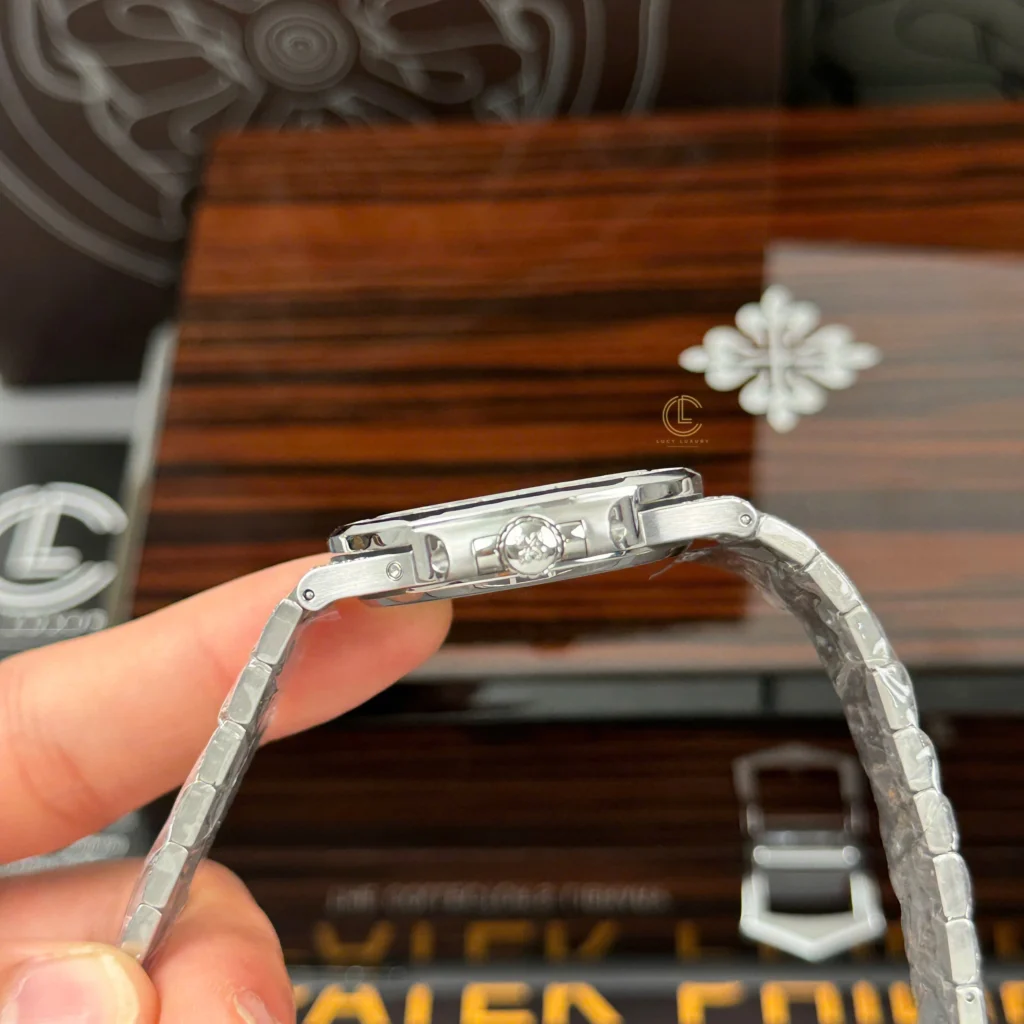 Super Clone Patek Philippe Nautilus 5712/1A 40mm Custom Full Moissanite Baguette HongKong – Customize Diamod — on leather display