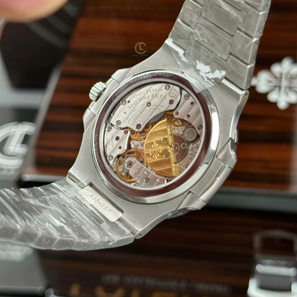Super Clone Patek Philippe Nautilus 5712/1A 40mm Custom Full Moissanite Baguette HongKong – Customize Diamod — movement / caseback view