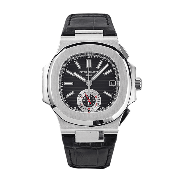 Super Clone Patek Philippe Nautilus Chronograph 5980/1A-014 40.5mm Black Dial with Leather Strap