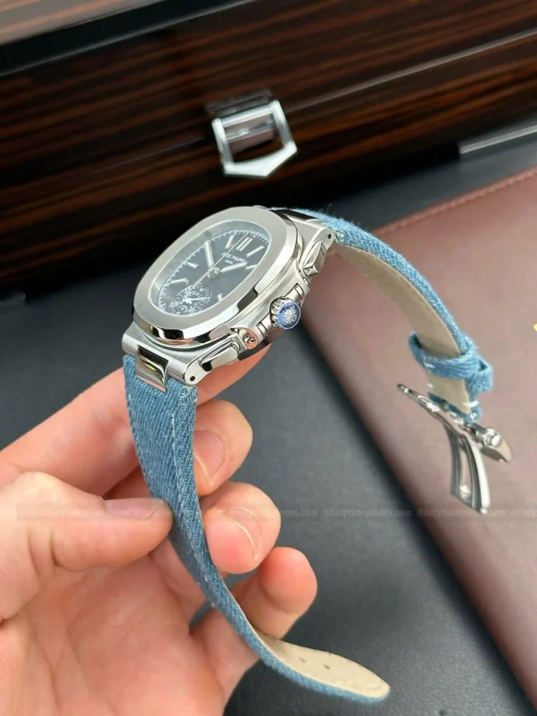 Super Clone Patek Philippe Nautilus 40mm Steel Bracelet Steel — on leather display
