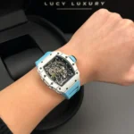 Super Clone Richard Mille RM 35-01 Richard Mille Rafa Cacbon NTPT Blue Strap 42mm — on leather display