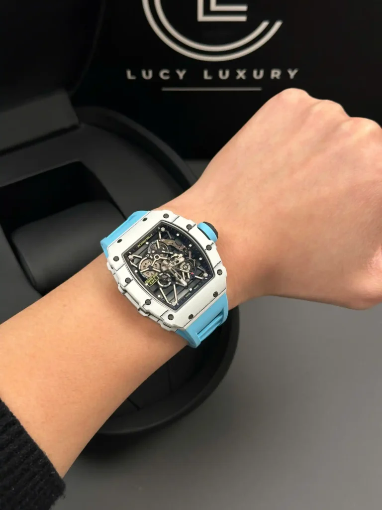 Super Clone Richard Mille RM 35-01 Richard Mille Rafa Cacbon NTPT Blue Strap 42mm — on leather display