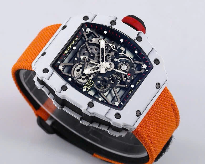 Super Clone Richard Mille RM 35-01 Richard Mille Rafa Cacbon NTPT Orange Strap 42mm — movement / caseback view