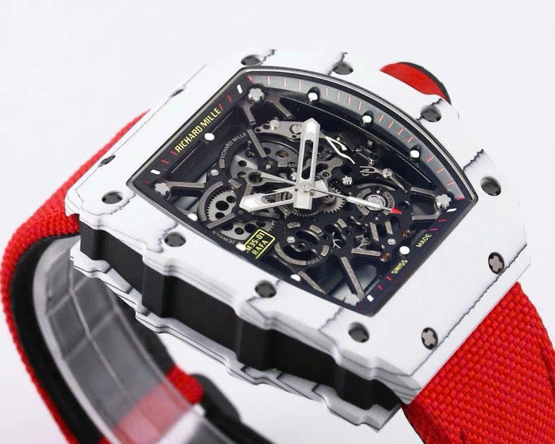 Super Clone Richard Mille RM 35-01 Richard Mille Rafa Cacbon NTPT Red Strap 42mm — on leather display