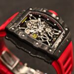 Super Clone Richard Mille RM 35-02 Carbon TPT Purple AR Sapphire Rubber Strap — on leather display