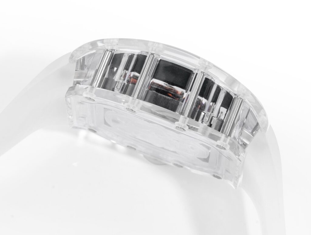 Super Clone Richard Mille RM 52-01 Transparent Skull Tourbillon Rubber Strap — on leather display
