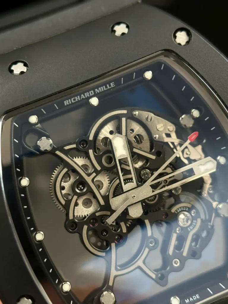 Super Clone Richard Mille RM 55 Richard Mille Manual Winding Bubba Watson 42mm Black — on leather display
