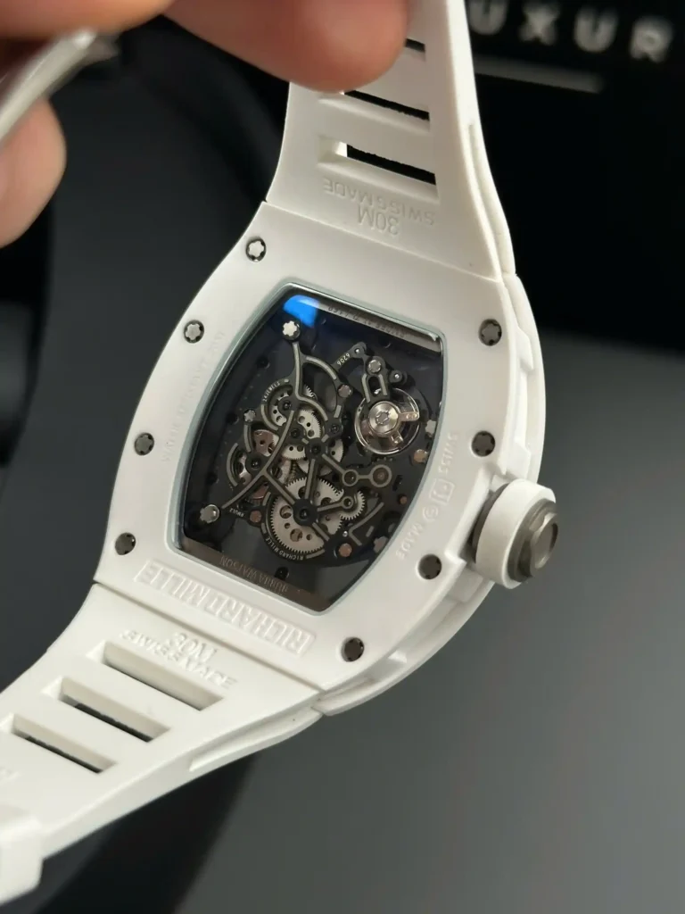 Super Clone Richard Mille RM 55 Richard Mille Manual Winding Bubba Watson 42mm White — on leather display
