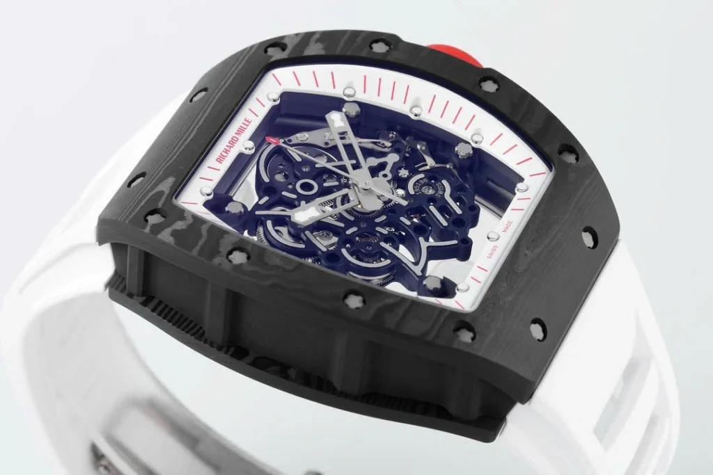 Super Clone Richard Mille RM 55 Richard Mille White 42mm Carbon Modify — on leather display