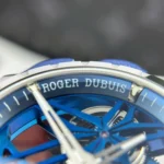 Super Clone Roger Dubuis Excalibur Double Tourbillon Cobalt RDDBEX1109 – — on leather display